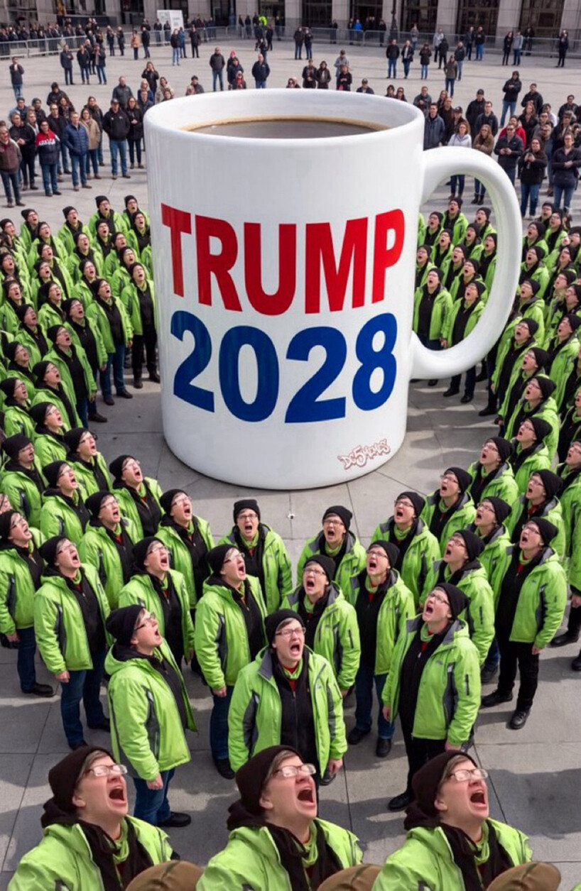A large coffee mug with "TRUMP 2028" written on it is surrounded by a group of people wearing green jackets and black beanies, all looking upwards with mouths open. A crowd watches in the background.