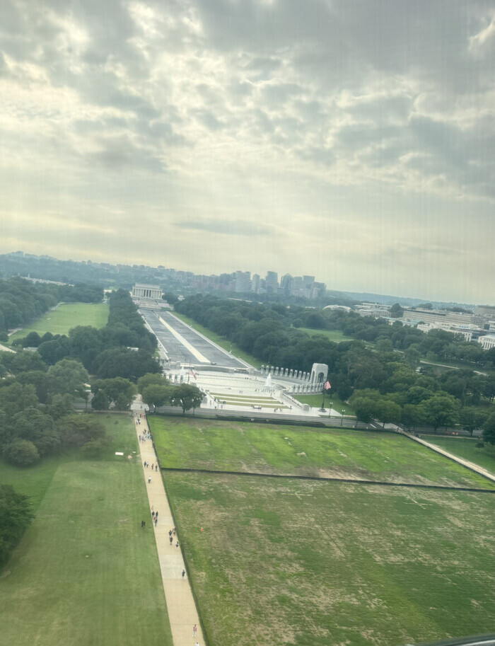 Aerial view of the National Mall in Washington, D.C., featuring the Lincoln Memorial, Reflecting Pool, and the World War II Memorial, surrounded by trees and green spaces under a cloudy sky.
