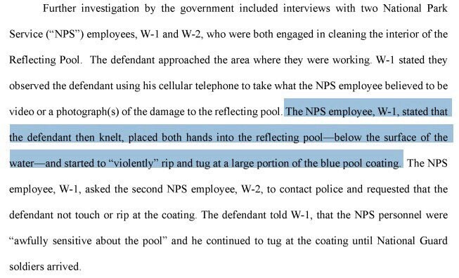 Government investigation report excerpt; interviews with National Park Service employees detail an incident involving a defendant at a reflecting pool. The defendant used a cellphone, knelt, placed hands below water surface, and violently tugged at the pool's blue coating. A highlighted section emphasizes the kneeling action and notes a request for police intervention.