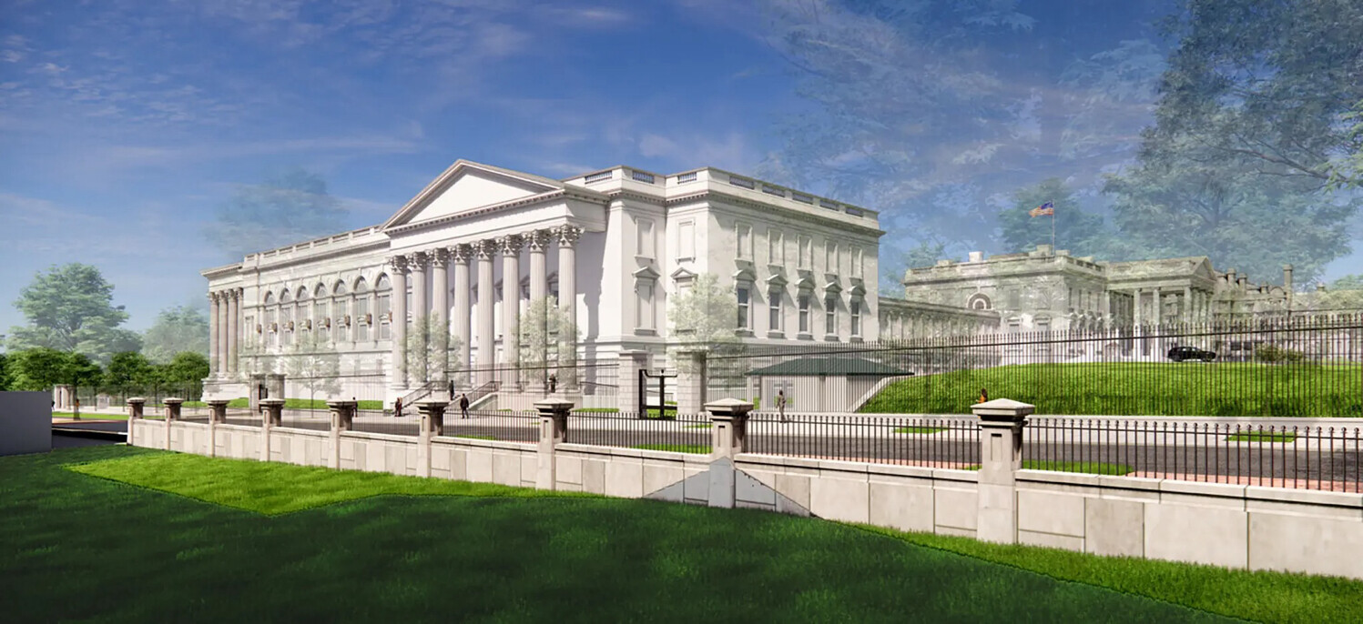 A digitally rendered image of a neoclassical building featuring columns and intricate architectural details, set within a landscaped area enclosed by a fence. The scene is bathed in daylight with clear skies and surrounding greenery.