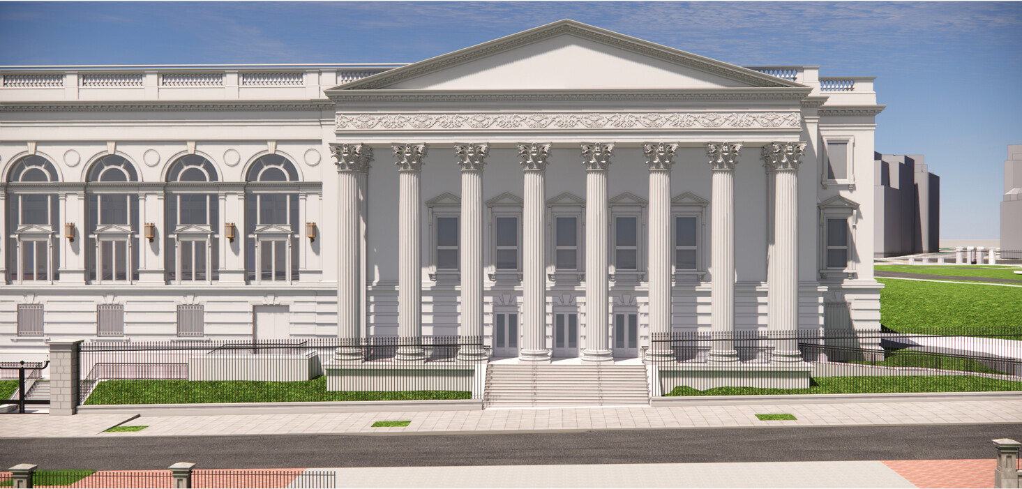 Neoclassical building with a grand facade featuring a series of Corinthian columns, ornate triangular pediment, and arched windows, set against a clear sky with surrounding green lawns and paved pathways.