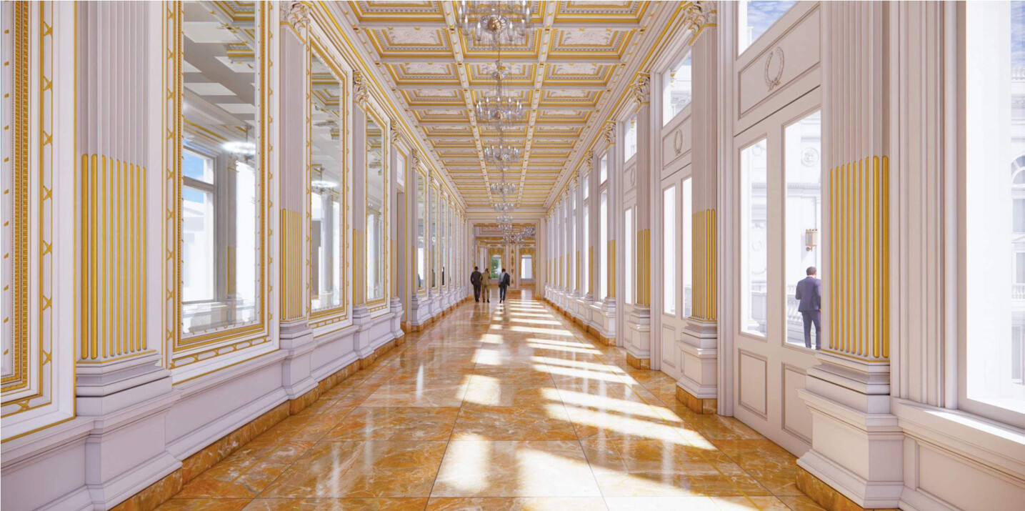 Grand hallway with gilded details, mirrored walls, and polished marble floors; adorned with chandeliers and large windows allowing natural light, creating an elegant and opulent atmosphere.