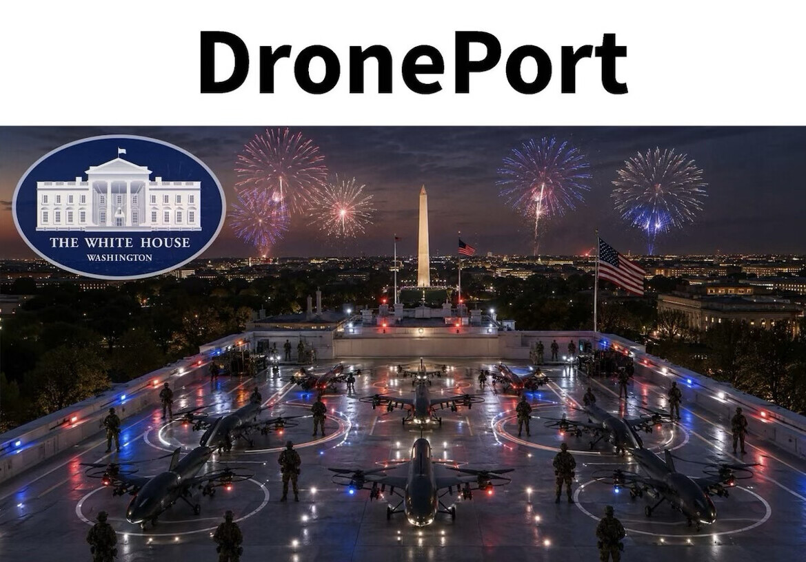 DronePort concept art showing a rooftop with multiple drones and soldiers at night, with fireworks in the sky and the Washington Monument in the background, featuring an emblem of the White House alongside the title "DronePort".
