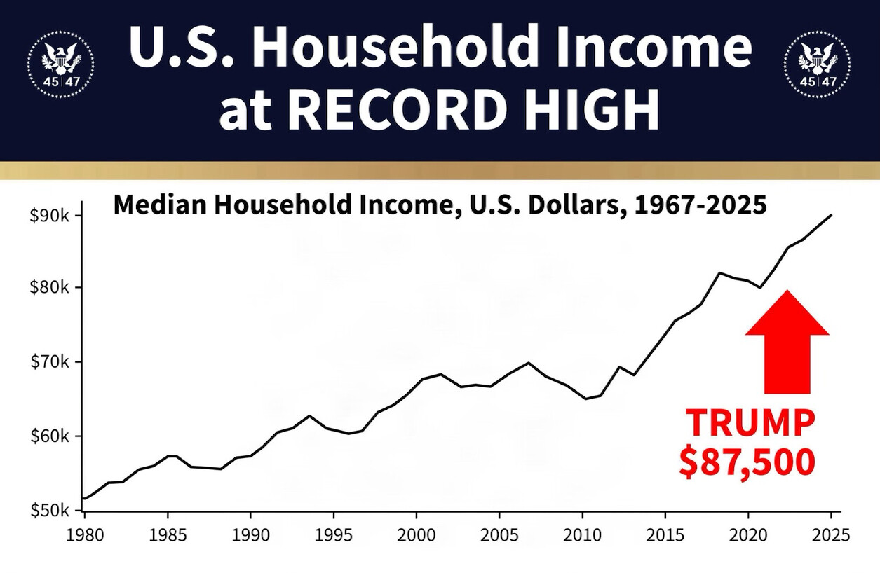 A chart shows median household income in U.S. dollars from 1967 to 2025, with a rising trend peaking at $87,500 in 2025. The headline reads, "U.S. Household Income at RECORD HIGH," with the text "TRUMP $87,500" next to a red upward arrow. The chart has vertical and horizontal axes marked with years from 1980 to 2025 and income levels from $50k to $90k. There are emblems with "45 47" at the top corners.