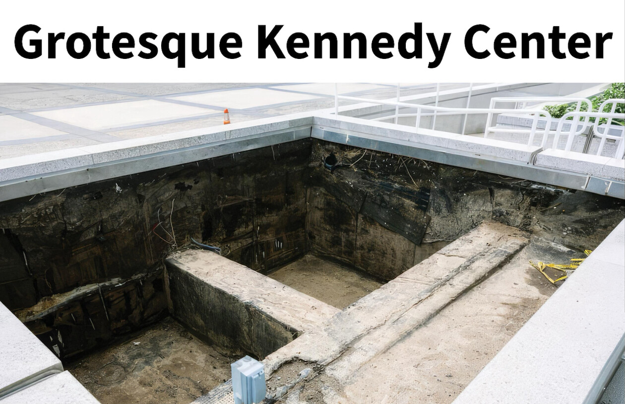 A photograph shows a large, rectangular pit or excavation site surrounded by concrete walls and railings. The pit appears to be part of an urban or architectural setting, with worn and exposed earth and materials visible inside. The text "Grotesque Kennedy Center" appears at the top in bold, black letters.
