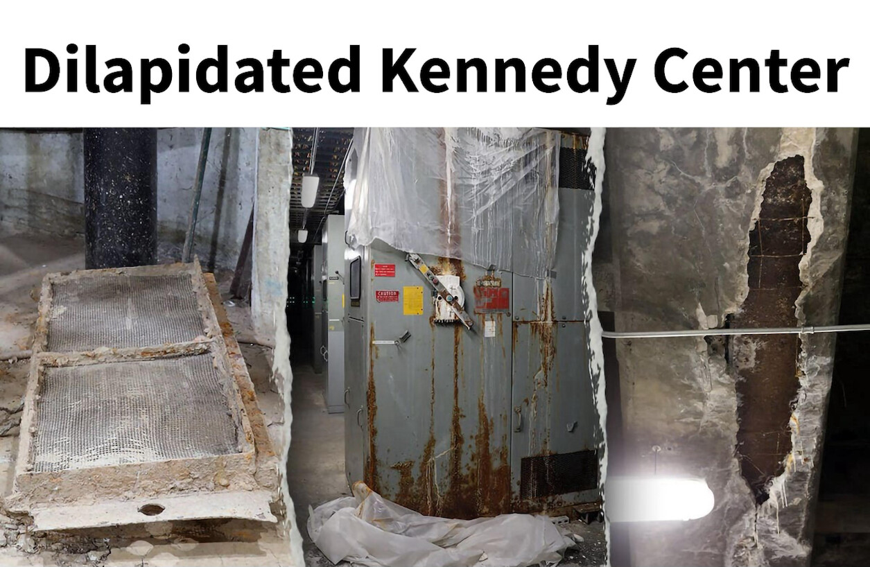 The image consists of three photographs highlighting deterioration. The first image shows a rusted metal grating partially embedded in concrete. The second image depicts a large, rusted metal apparatus, covered with plastic sheeting and marked with caution signs. The third image shows a cracked, concrete wall with exposed rebar. The large text at the top reads, "Dilapidated Kennedy Center."