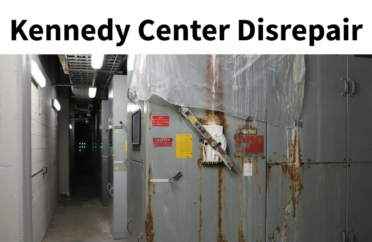 A photograph shows a dimly lit industrial hallway with large, rusted equipment covered in plastic sheeting. Several caution signs are visible, and the walls are lined with exposed ductwork and lighting fixtures. The equipment and infrastructure appear aged and in disrepair. At the top of the image, a caption reads: "Kennedy Center Disrepair."