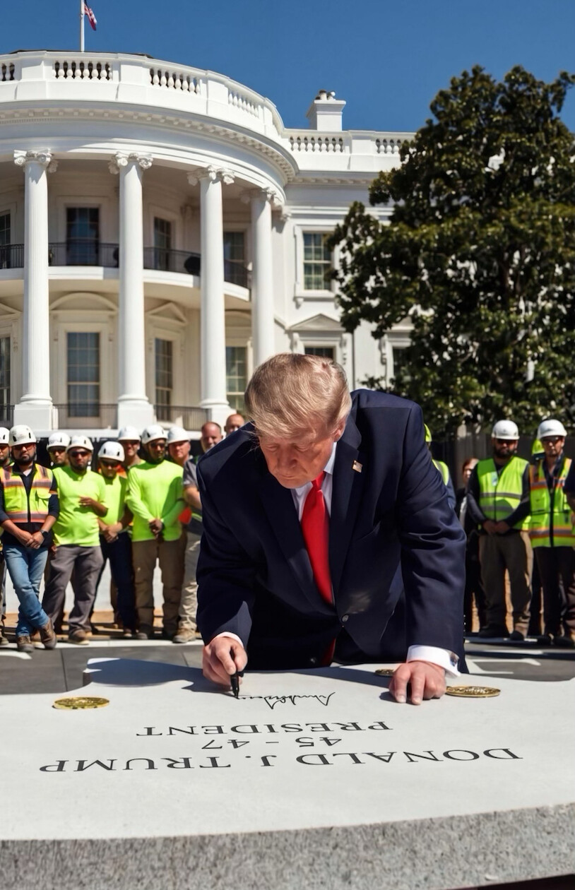 A man in a suit with a red tie is signing a stone slab engraved with "DONALD J. TRUMP 45-47 PRESIDENT" while surrounded by construction workers in high-visibility gear and helmets. The setting is in front of a large white building with columns and an American flag on top, surrounded by trees.