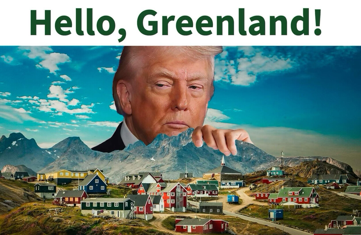 A large head and hand reminiscent of a person appear behind a mountainous landscape, overlooking a small town with colorful houses. The sky is blue with scattered clouds. At the top of the image, the text reads: "Hello, Greenland!"