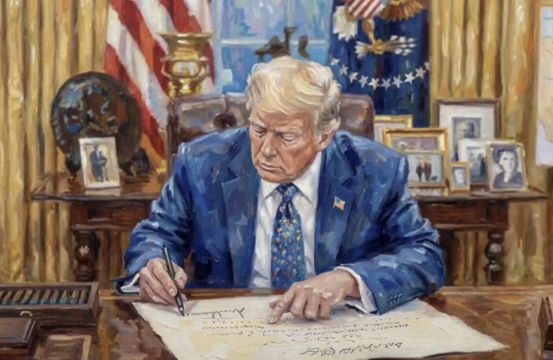 A painting depicts a man with light hair in a blue suit with a U.S. flag pin, sitting at a desk and writing on a large piece of paper. The setting includes a range of personal items and photographs on the desk, an American flag, and an emblem with stars in the background. The desk is decorated with a globe, small statues, and numerous framed photos.
