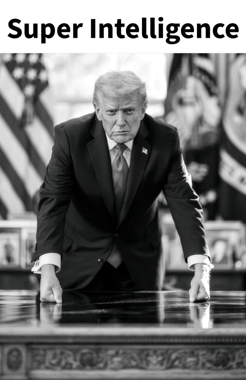 A black and white photograph of a man in a suit leaning over a table with both hands placed on it. Above the image, the text reads "Super Intelligence." The setting appears to have flags and framed pictures in the background.