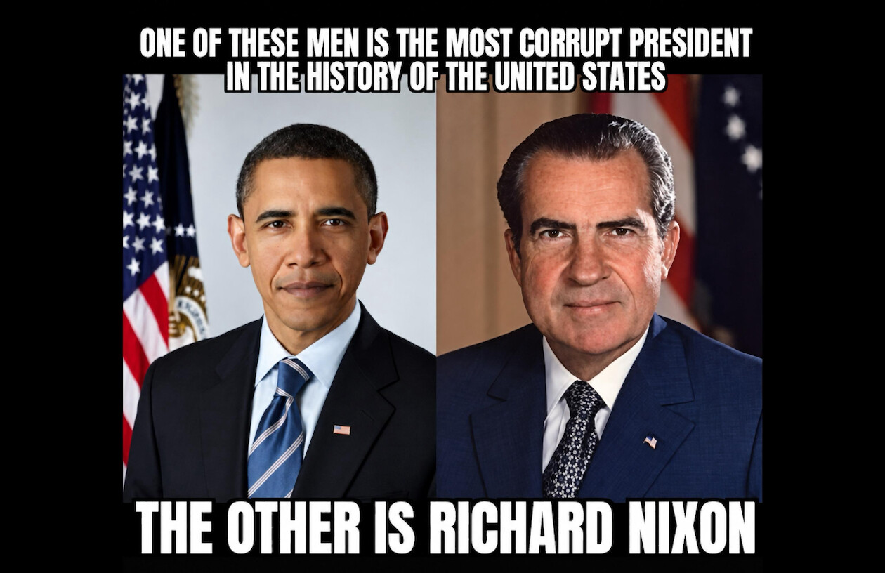 Two side-by-side portraits of men in suits. The text above and below reads: "One of these men is the most corrupt president in the history of the United States. The other is Richard Nixon." The image implies a comparison between the two individuals, with the text expressing a satirical opinion.