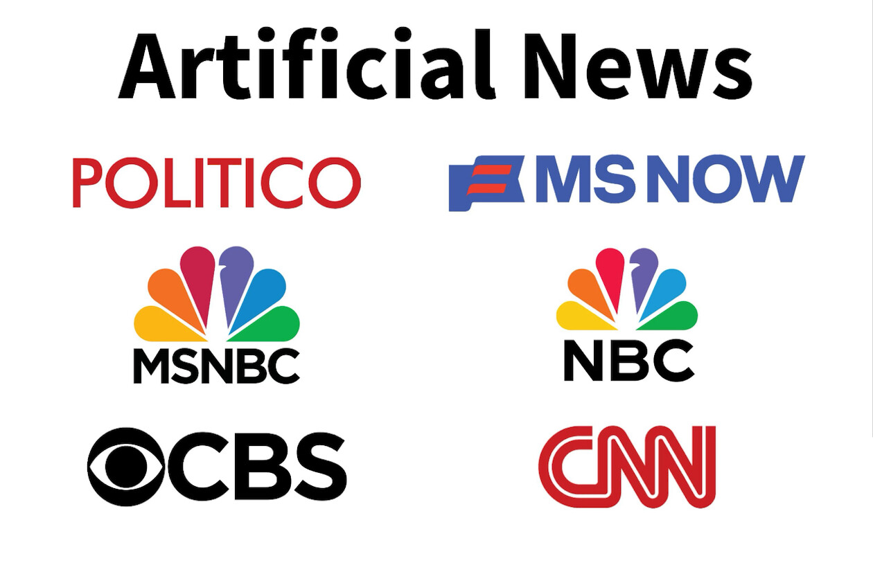 A collage of news brand logos with the title "Artificial News" at the top. The logos included are POLITICO, a blue and red logo resembling "MS NOW," MSNBC with a colorful peacock design, NBC with a similar design, CBS with its iconic eye logo, and CNN in red text.