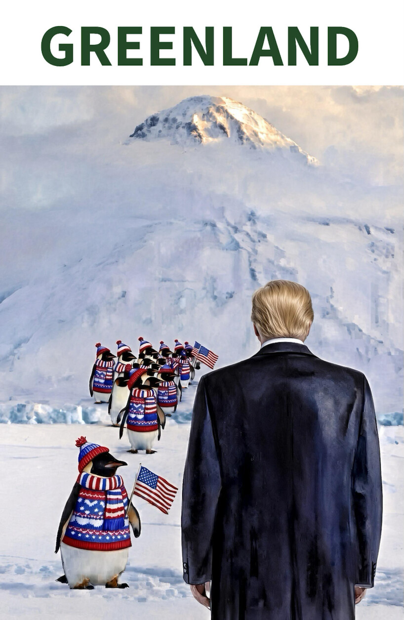 A snow-covered landscape shows a person in a dark coat with their back turned, standing in front of a group of penguins wearing red, white, and blue hats and scarves. Each penguin is holding a small American flag. The word "GREENLAND" is displayed at the top.