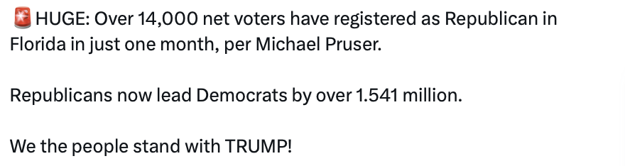 Text image: 

"HUGE: Over 14,000 net voters have registered as Republican in Florida in just one month, per Michael Pruser.

Republicans now lead Democrats by over 1.541 million.

We the people stand with TRUMP!"