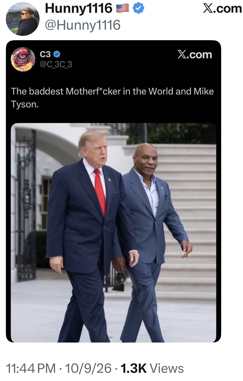 The image is a screenshot of a social media post from X.com. The post by user "C3" (@C_3C_3) includes a picture of two men walking. The caption reads, "The baddest Motherf*cker in the World and Mike Tyson." The original post was viewed 1.3K times and was reposted by "Hunny1116" (@Hunny1116) at 11:44 PM on 10/9/26.