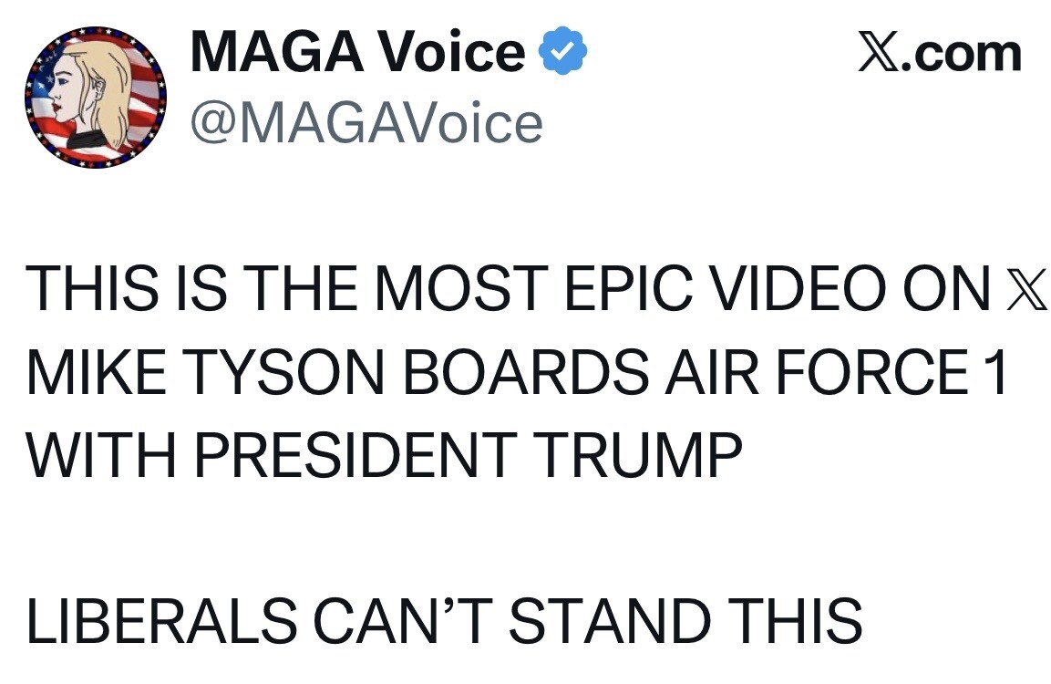 This is a social media screenshot from X.com by user "MAGA Voice" (@MAGAVoice) with a verified status. The post reads:

"THIS IS THE MOST EPIC VIDEO ON X
MIKE TYSON BOARDS AIR FORCE 1 WITH PRESIDENT TRUMP

LIBERALS CAN’T STAND THIS"