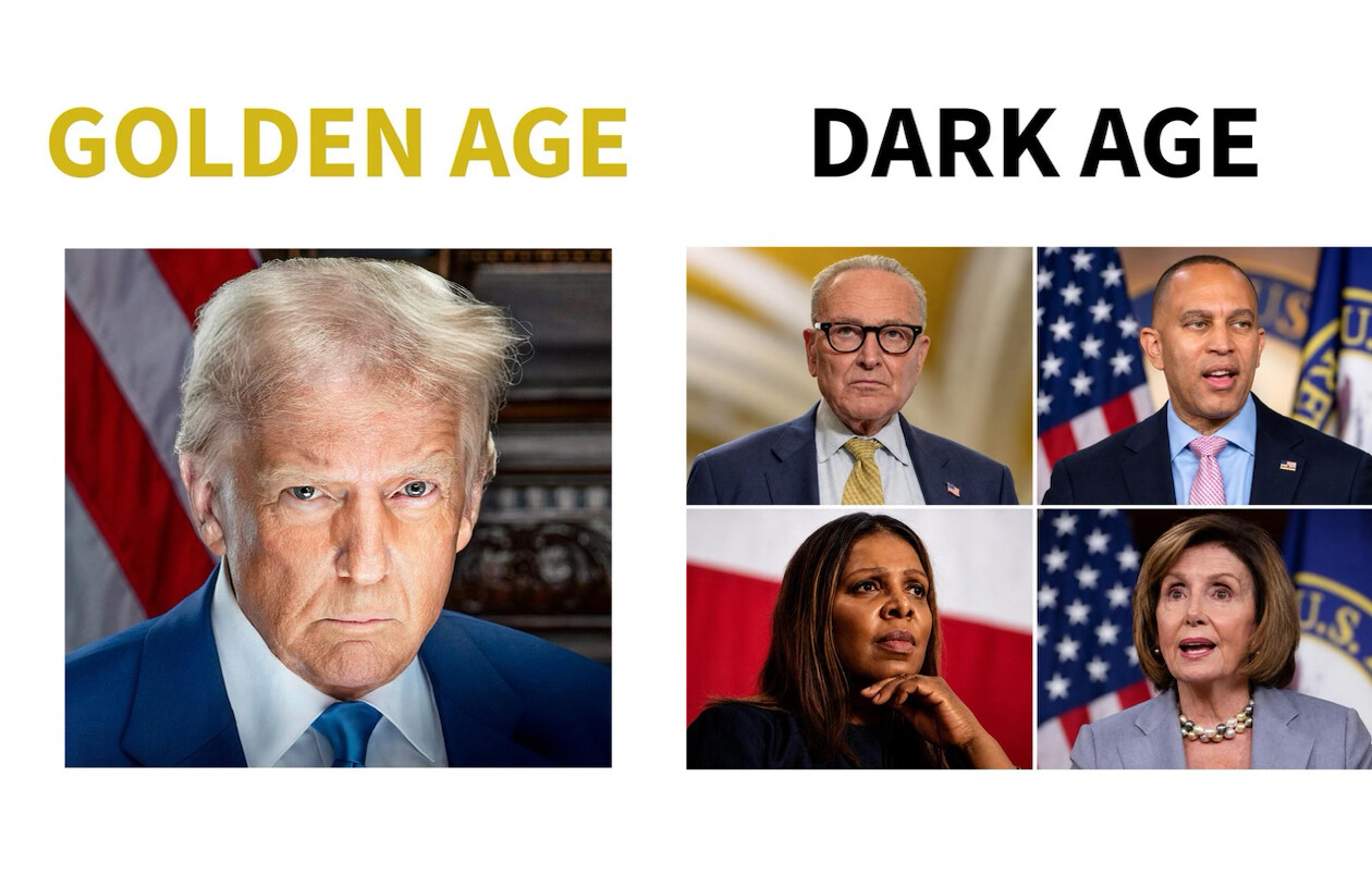 A composite image with two sections labeled "GOLDEN AGE" on the left and "DARK AGE" on the right. Under "GOLDEN AGE," there is a photo of a man in a blue suit, with a stern expression. Under "DARK AGE," there are four smaller photos: one of a man with glasses and a yellow tie, one of a man in a blue suit, and two women, one resting her chin on her hand and another speaking with a pearl necklace.
