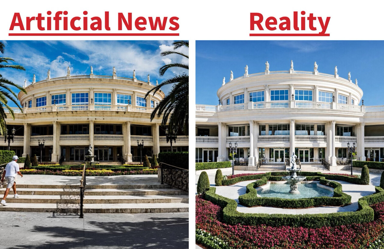 A side-by-side comparison of two images of a large, white building with columns and multiple windows. Both images show an entrance with steps leading up. The left image is labeled "Artificial News" and includes a person walking in the foreground with palm trees framing the scene. The right image, labeled "Reality," features a landscaped garden with a fountain and symmetrical hedges in the foreground. The architectural details of the building are consistent in both images.