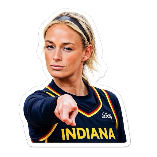 A person wearing a dark sports jersey with "INDIANA" and the name "Lucy" is pointing forward with a determined expression. The jersey has a red and yellow trim, and the person has blonde hair pulled back with a headband.