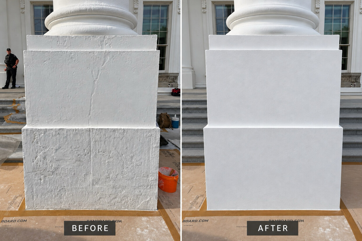 Two images side by side show the base of a white column before and after restoration. The "Before" image on the left displays a textured, uneven surface with visible cracks and imperfections. The "After" image on the right shows a smooth, even surface with a clean, fresh appearance. Both images are labeled at the bottom with "BEFORE" on the left and "AFTER" on the right. A figure stands in the background of the left image.