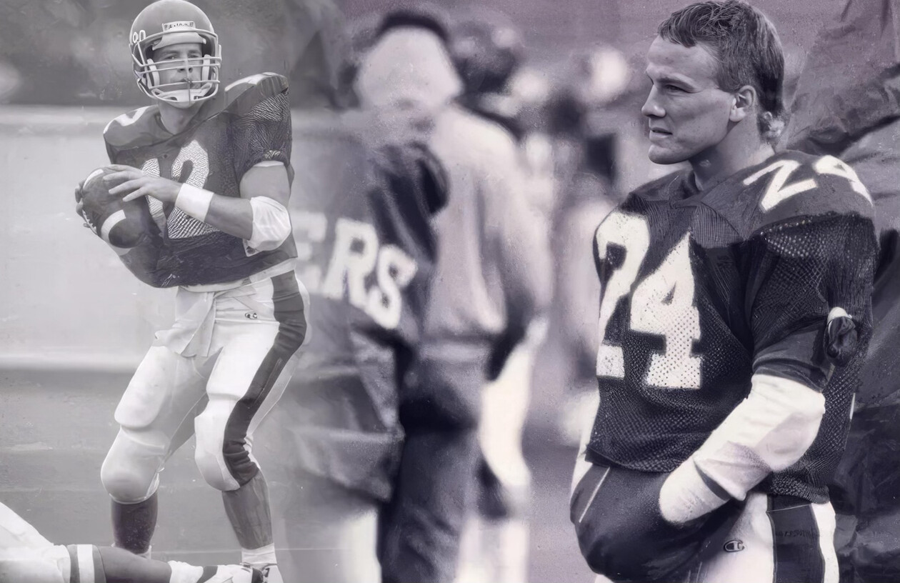 A black-and-white collage of two American football players. On the left, a player with the number 12 on his jersey is holding a football in a poised position, wearing a helmet with "Riddle" visible. On the right, a player with the number 24 on his jersey stands with hands in his pockets, looking to the left, without a helmet on. Both are wearing protective padding and uniforms.