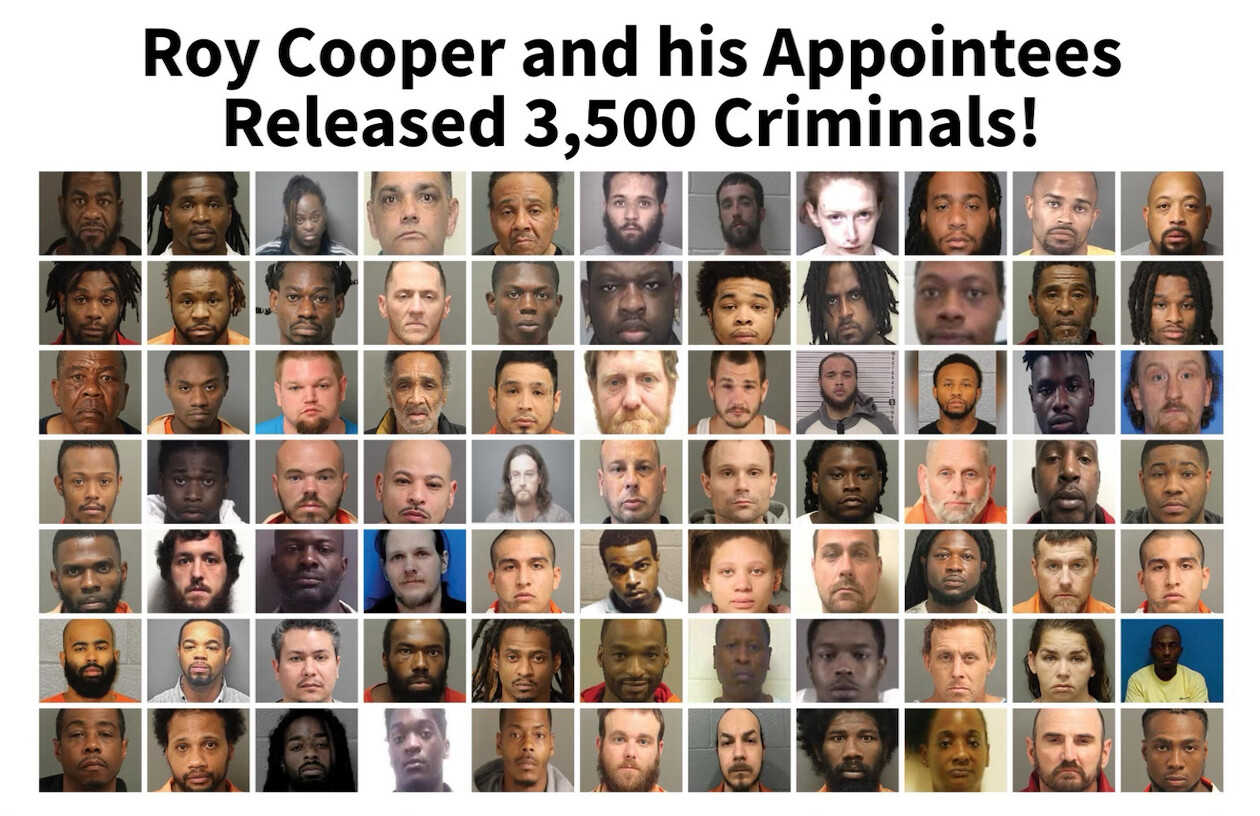 A grid of mugshot-style photographs showing 64 individuals arranged in eight rows. Above the grid, a bold headline reads: "Roy Cooper and his Appointees Released 3,500 Criminals!" Each of the individuals is shown against a plain background, facing forward. There is no additional context or identifying information provided about the individuals.