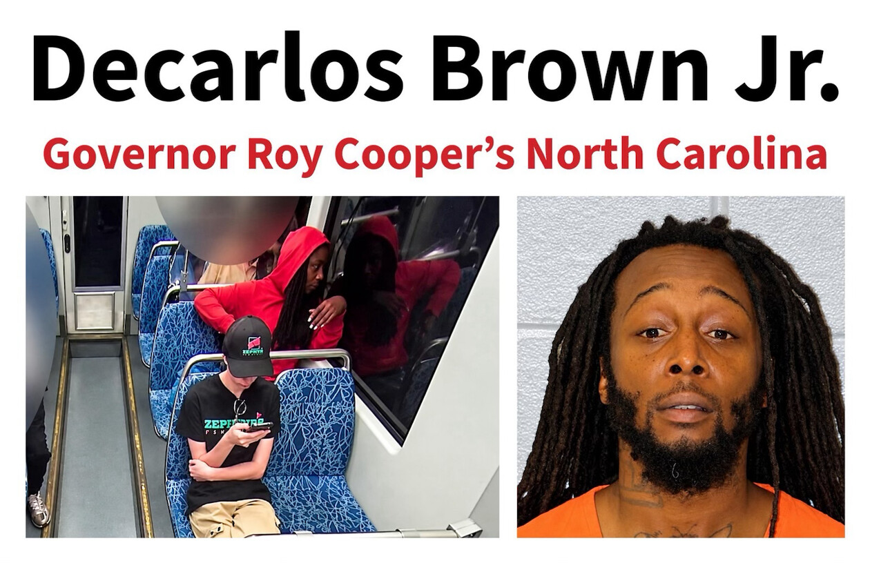 The image displays two main sections. On the left, a photograph of two people sitting on a train, one wearing a red hoodie and another wearing a black cap, looking at a smartphone. On the right, a mugshot of a person with long dreadlocks, wearing an orange shirt. Above these images, text reads: "Decarlos Brown Jr." and "Governor Roy Cooper’s North Carolina."