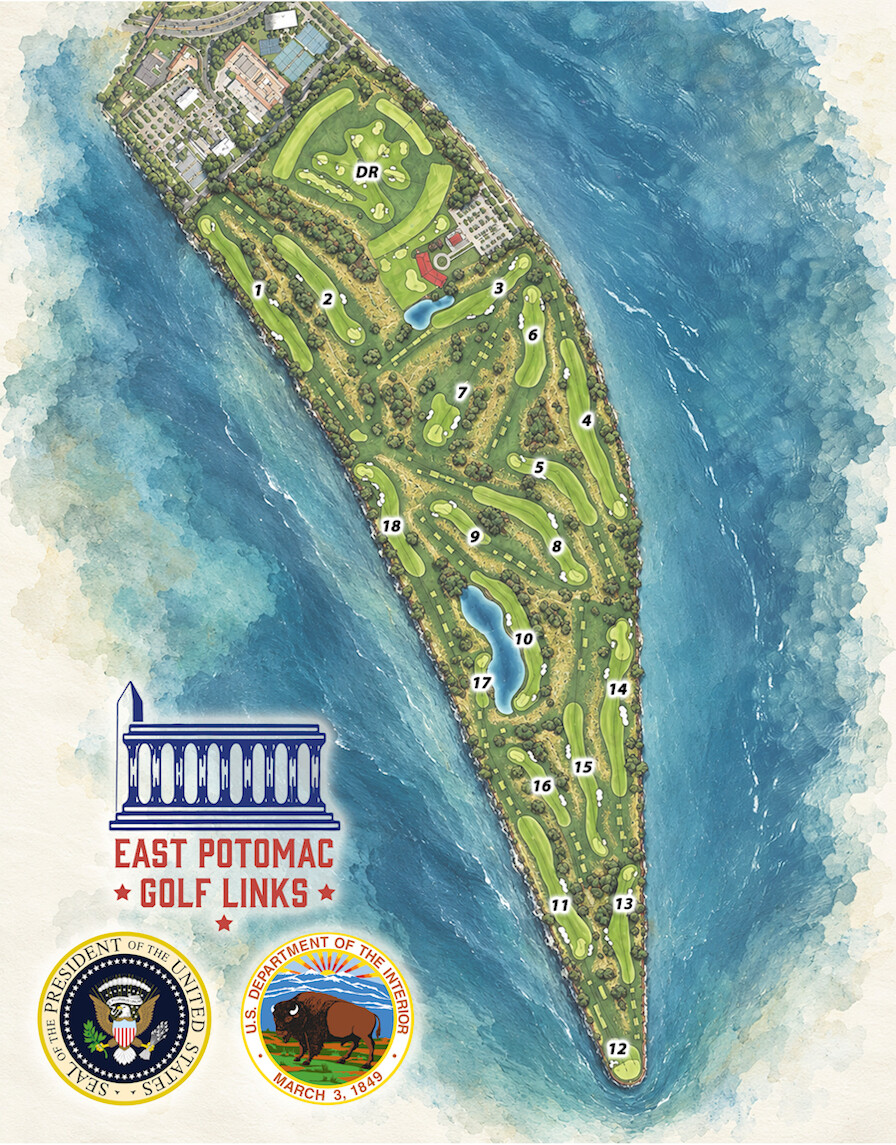 Illustrated map of the East Potomac Golf Links, showing the layout of an 18-hole golf course on a peninsula surrounded by water. The course features golf holes numbered from 1 to 18, a driving range (marked "DR"), and several buildings and parking areas near the top. The map includes logos for "East Potomac Golf Links," the Seal of the President of the United States, and the U.S. Department of the Interior.