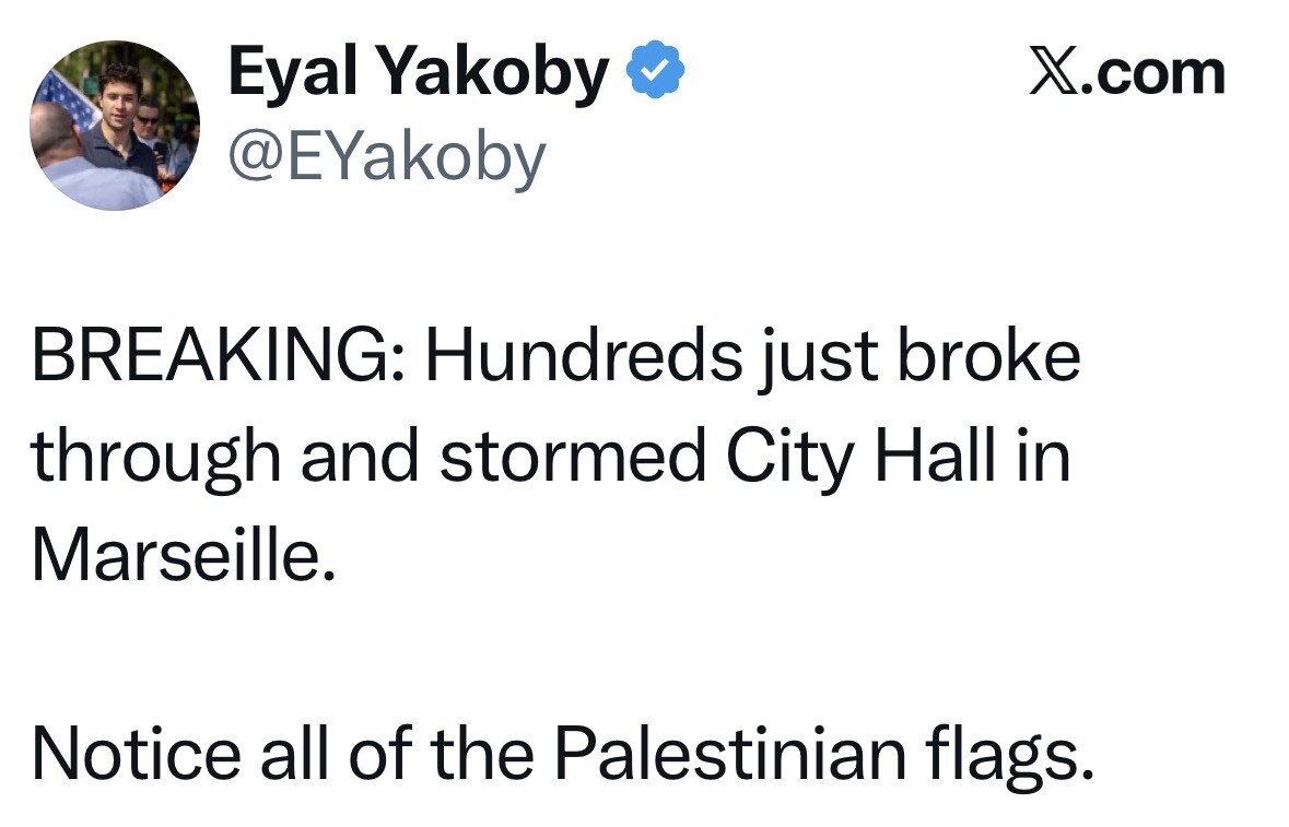 Social media post screenshot.

Eyal Yakoby  
@EYakoby  

BREAKING: Hundreds just broke through and stormed City Hall in Marseille.  

Notice all of the Palestinian flags.