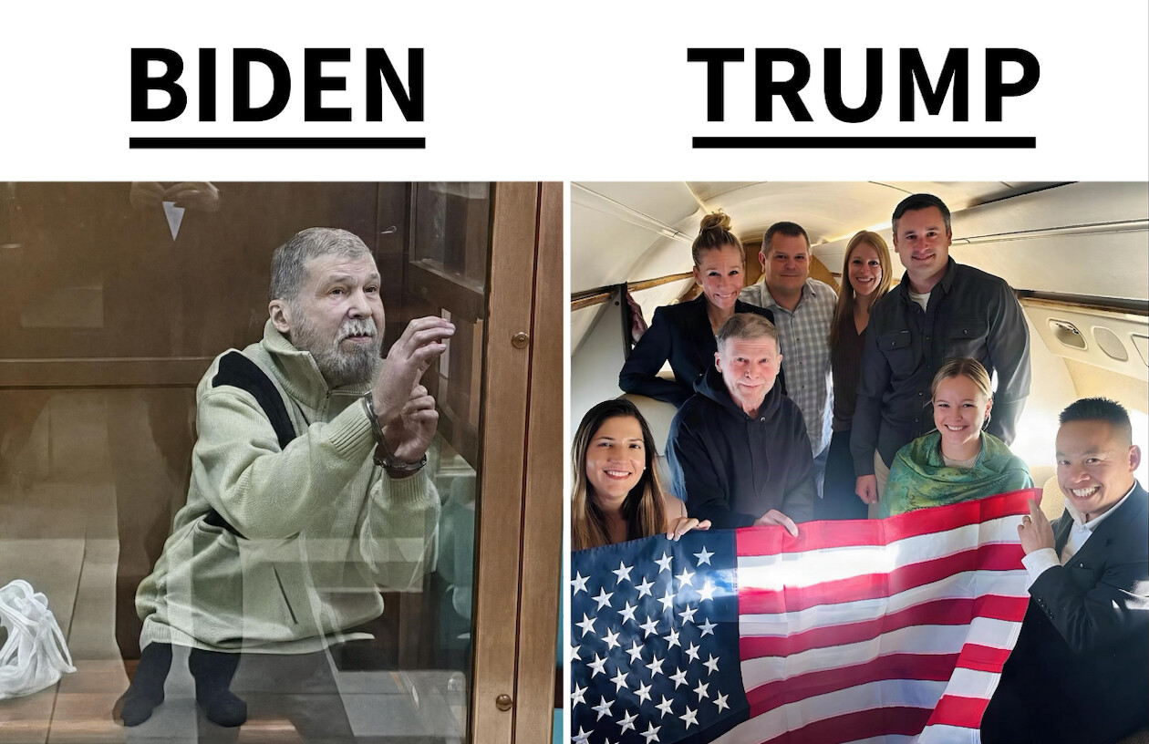 Photograph divided into two sections. The left section labeled "BIDEN" shows an older man with a beard wearing handcuffs, sitting in what appears to be a glass enclosure. The right section labeled "TRUMP" features a group of smiling people inside an aircraft, holding an American flag.