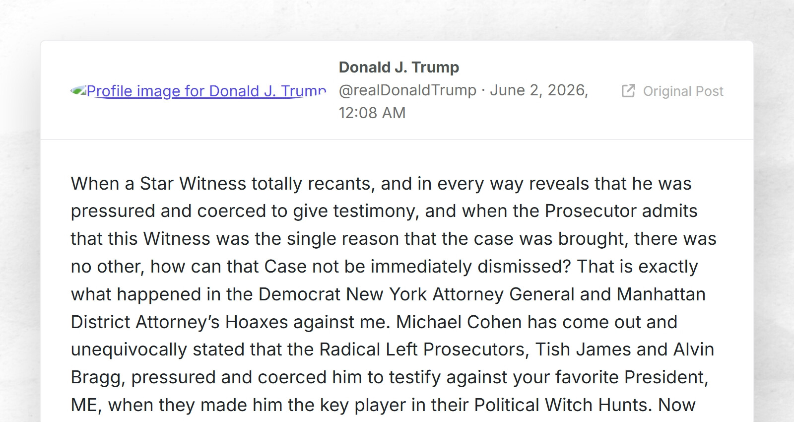 Screenshot of President Trump's Truth Social post demanding dismissal of the New York cases